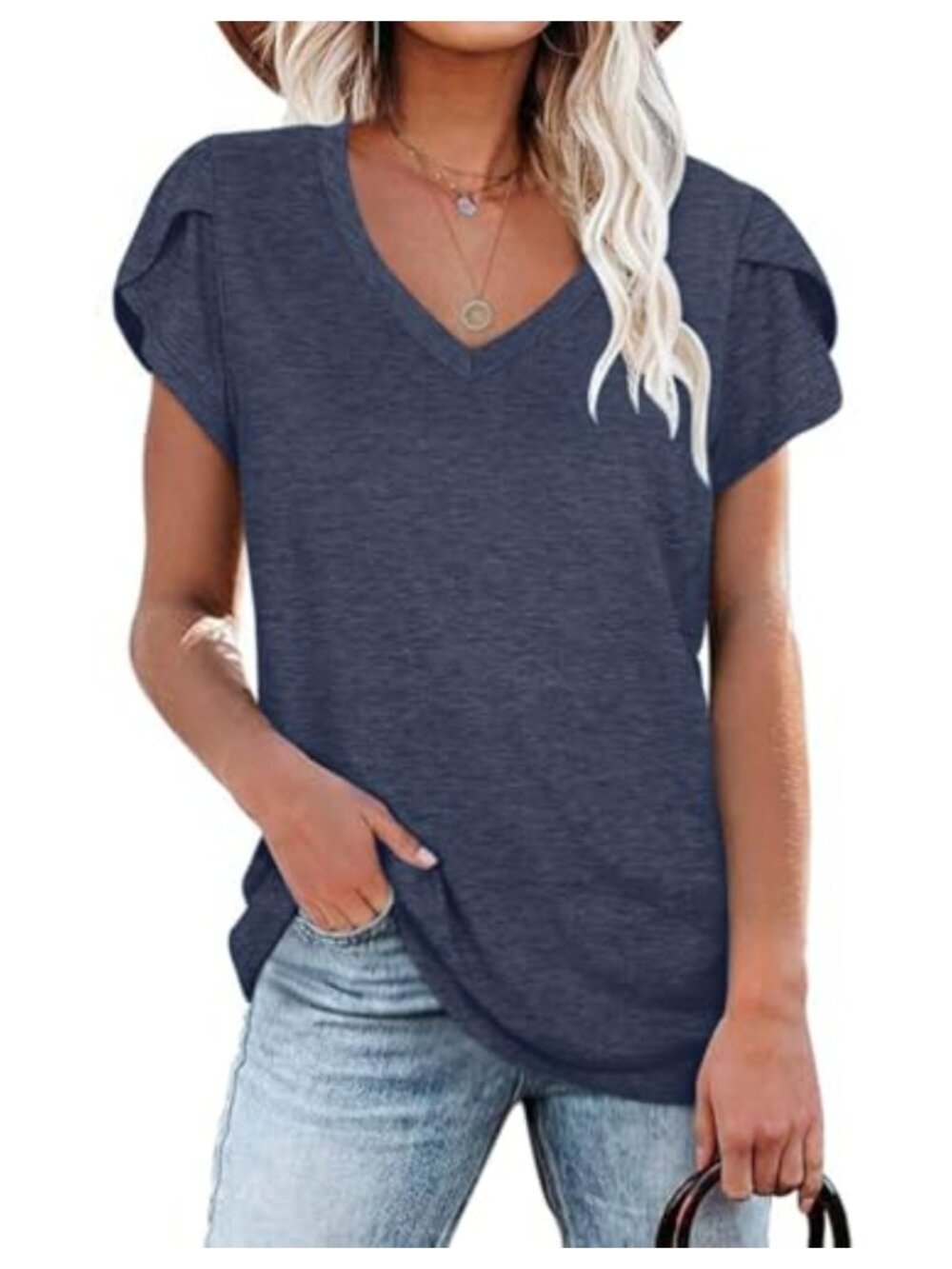 Womens V Neck Tulip Sleeve Casual Tee Short Sleeve Loose Fit Summer Top
